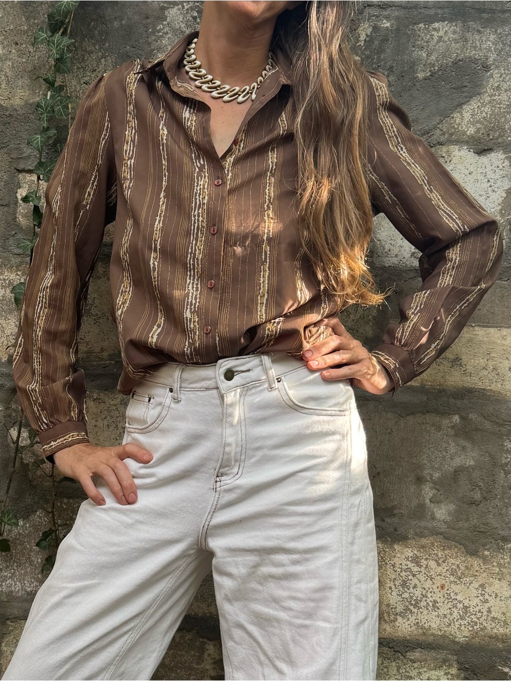 Vintage 70s Brown Striped Button-Up Blouse with a wood grain appearance
